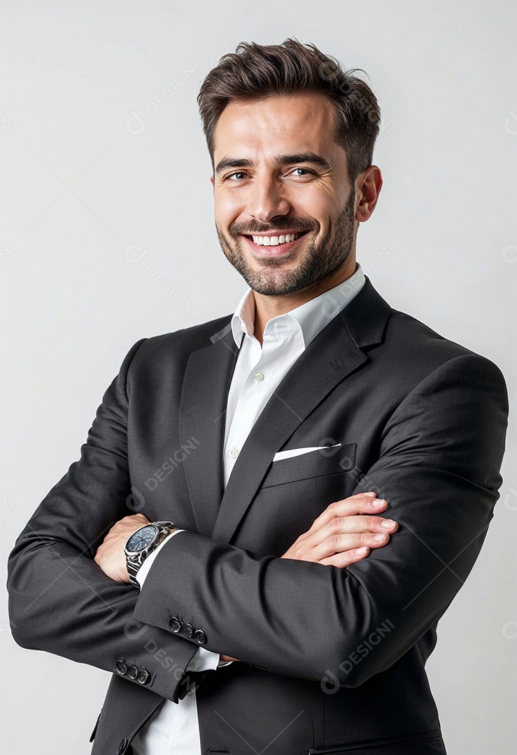 Um retrato de um empresário feliz com os braços cruzados em fundo branco
