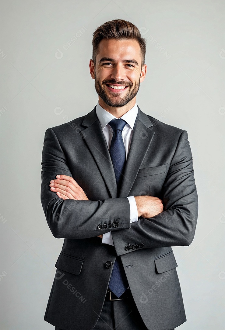 Um retrato de um empresário feliz com os braços cruzados em fundo branco