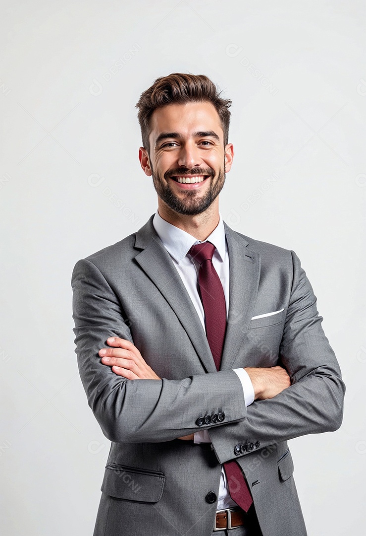 Um retrato de um empresário feliz com os braços cruzados em fundo branco