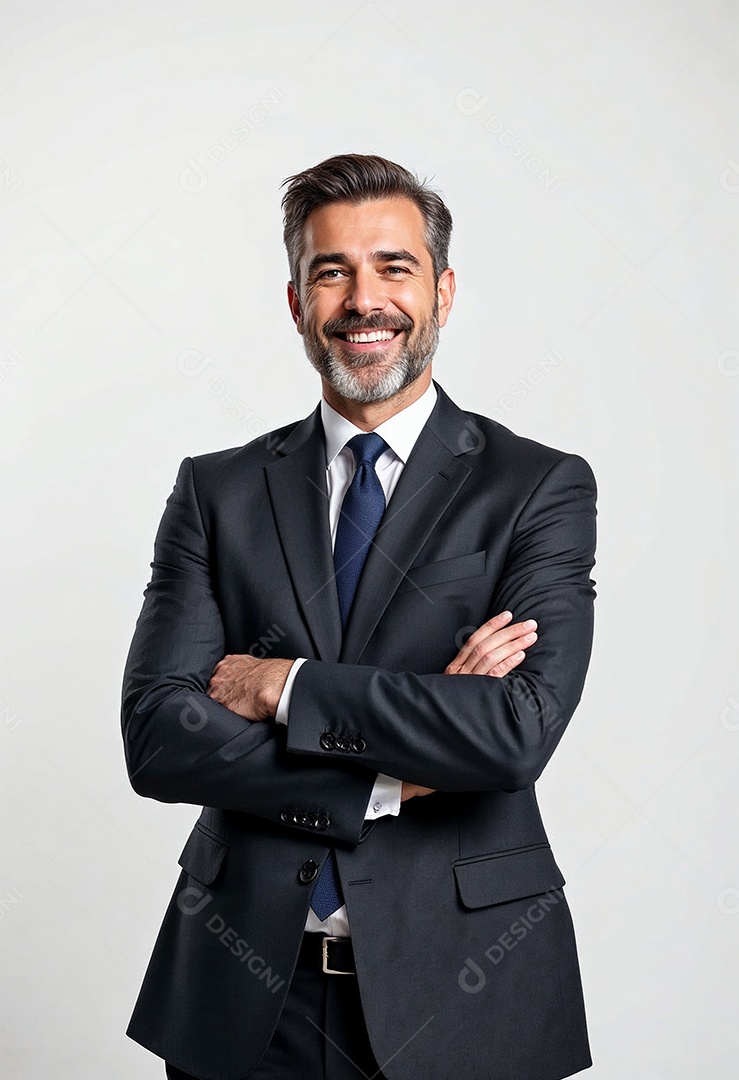 Um retrato de um empresário feliz com os braços cruzados em fundo branco
