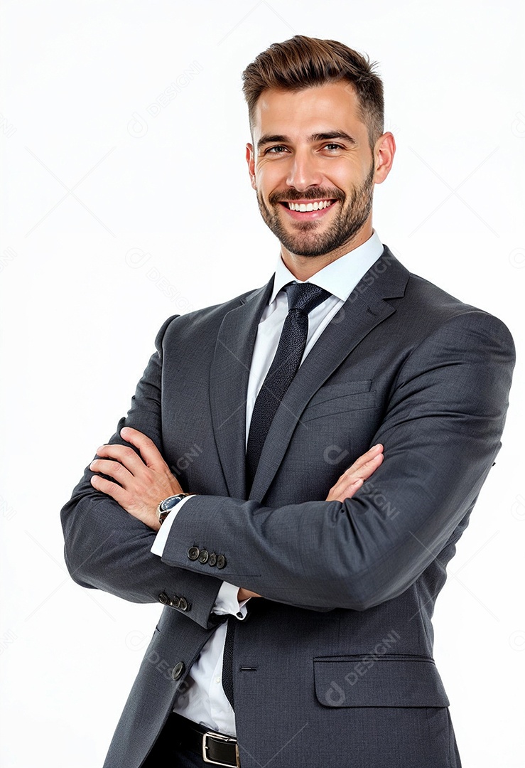 Um retrato de um empresário feliz com os braços cruzados em fundo branco
