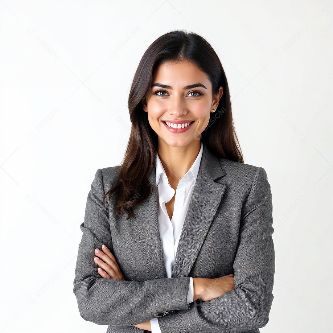 Um retrato de uma empresária feliz com os braços cruzados em fundo branco
