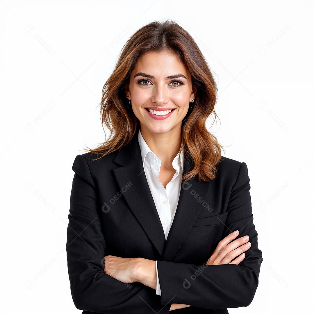 Um retrato de uma empresária feliz com os braços cruzados em fundo branco