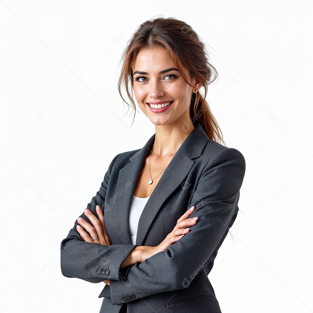 Um retrato de uma empresária feliz com os braços cruzados em fundo branco