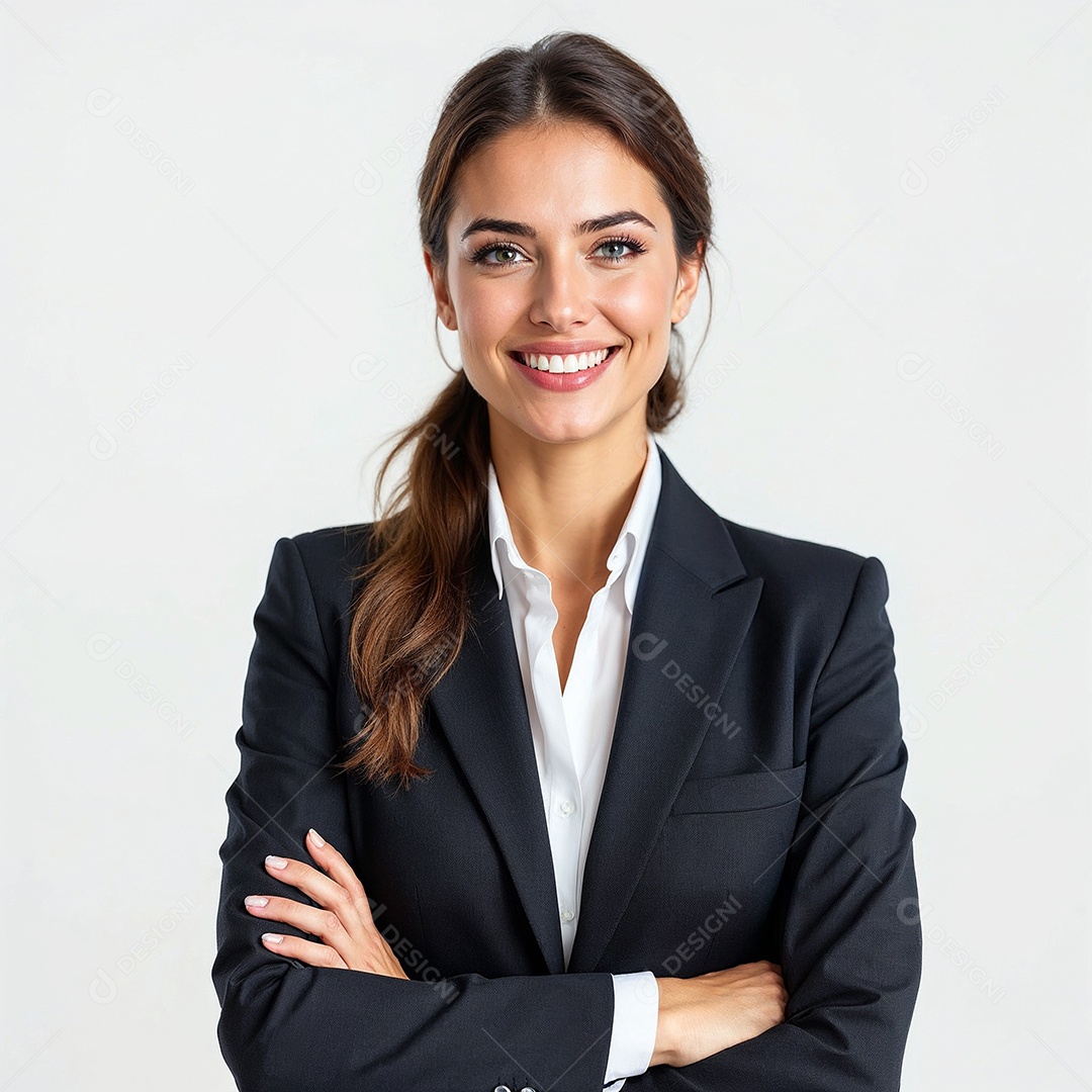 Um retrato de uma empresária feliz com os braços cruzados em fundo branco