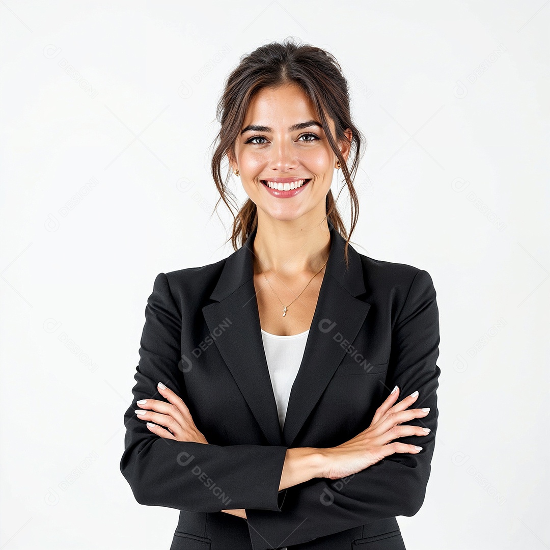 Um retrato de uma empresária feliz com os braços cruzados em fundo branco