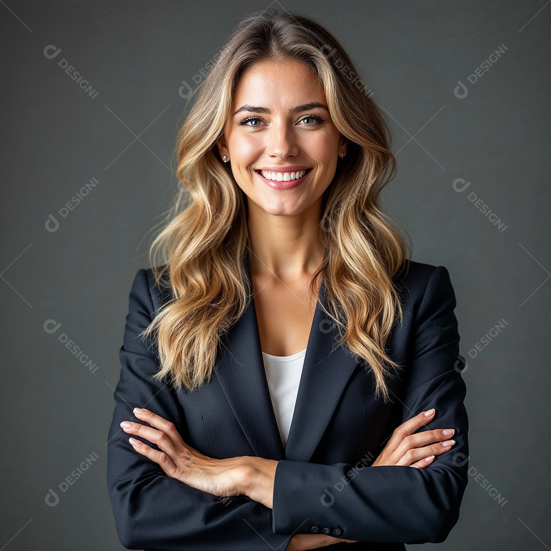 Um retrato de uma empresária feliz com os braços cruzados em fundo branco