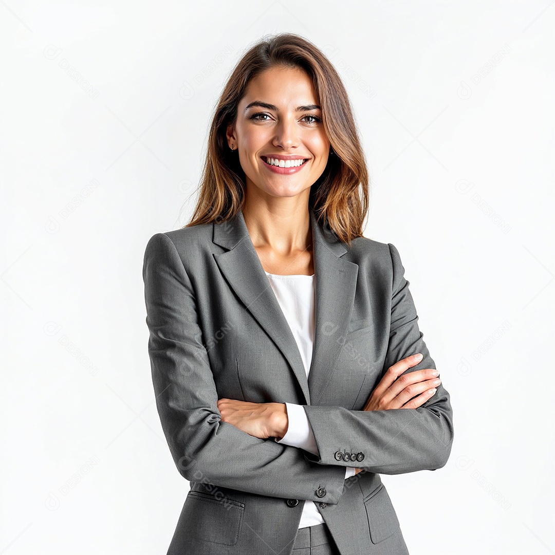 Um retrato de uma empresária feliz com os braços cruzados em fundo branco