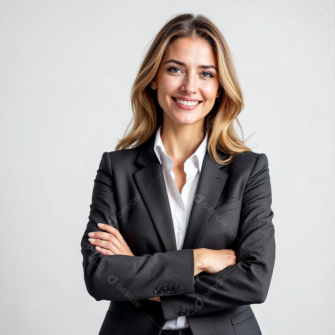 Um retrato de uma empresária feliz com os braços cruzados em fundo branco
