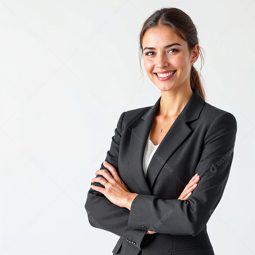 Um retrato de uma empresária feliz com os braços cruzados em fundo branco