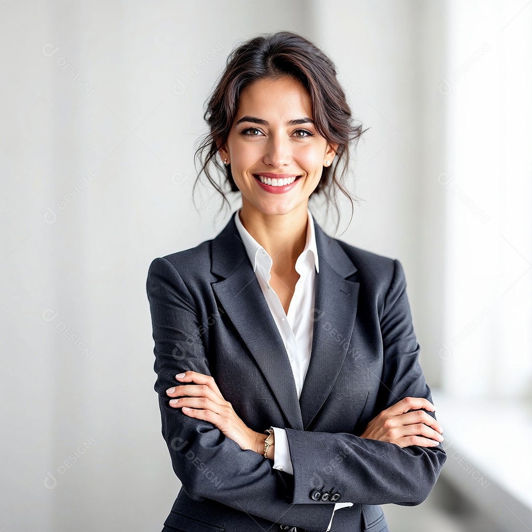 Um retrato de uma empresária feliz com os braços cruzados em fundo branco