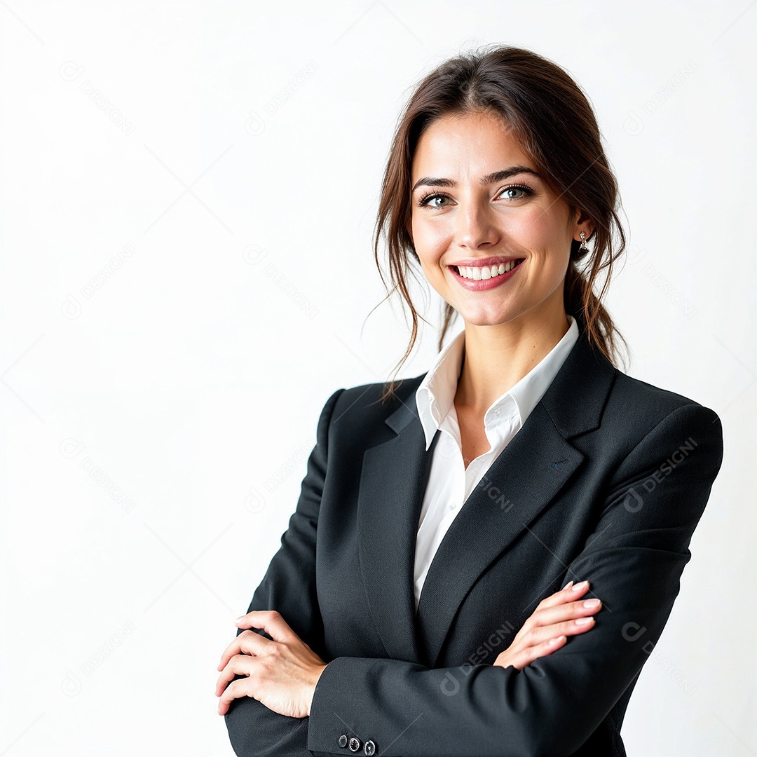 Um retrato de uma empresária feliz com os braços cruzados em fundo branco