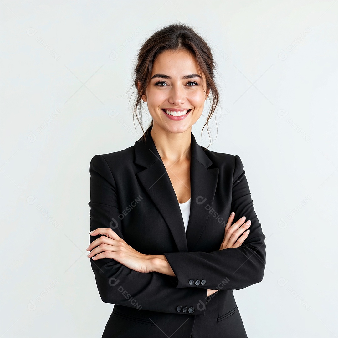 Um retrato de uma empresária feliz com os braços cruzados em fundo branco