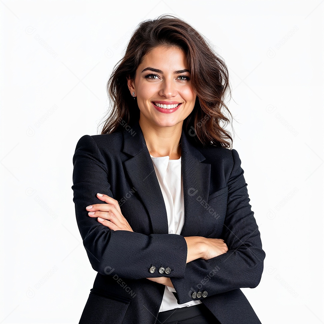 Um retrato de uma empresária feliz com os braços cruzados em fundo branco