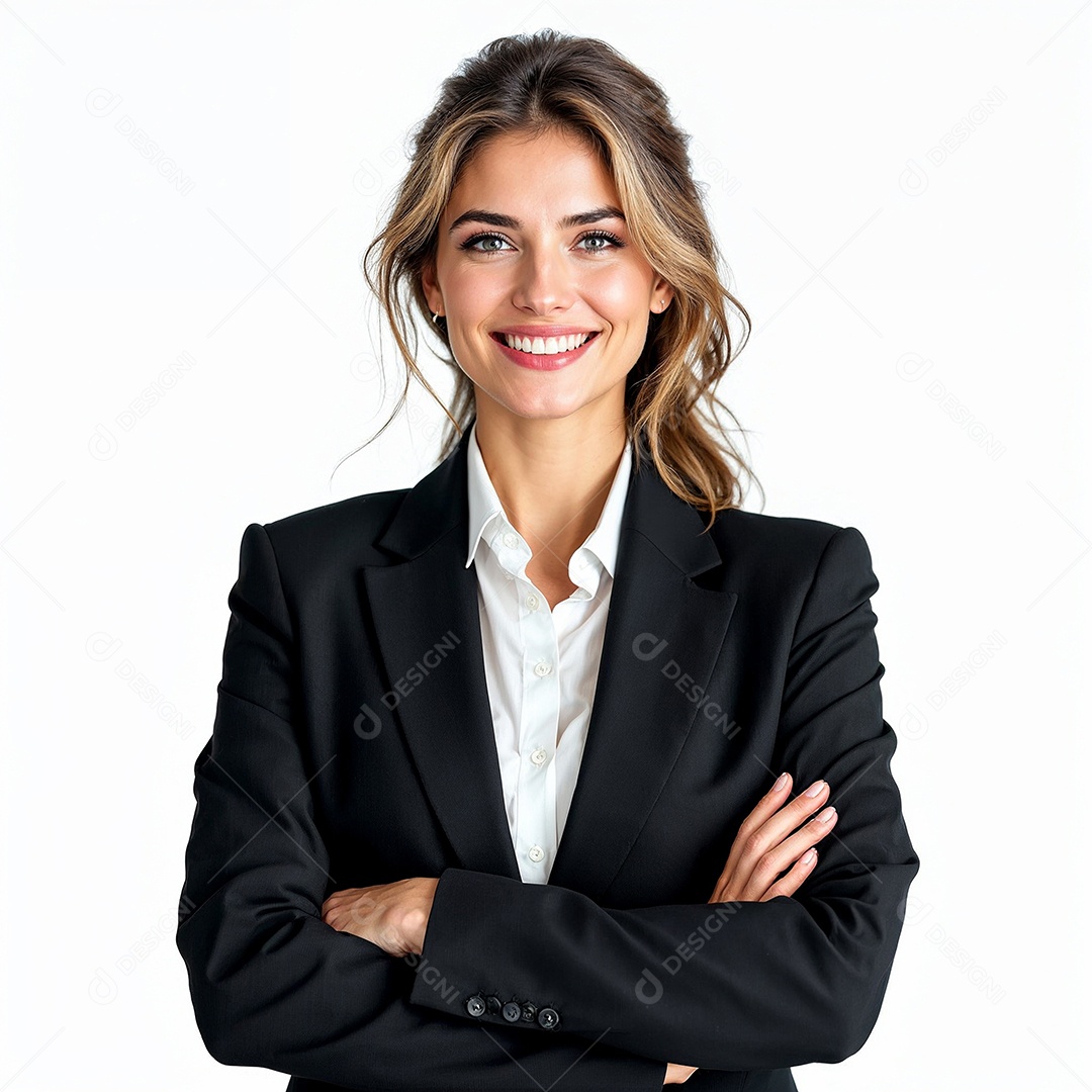 Um retrato de uma empresária feliz com os braços cruzados em fundo branco