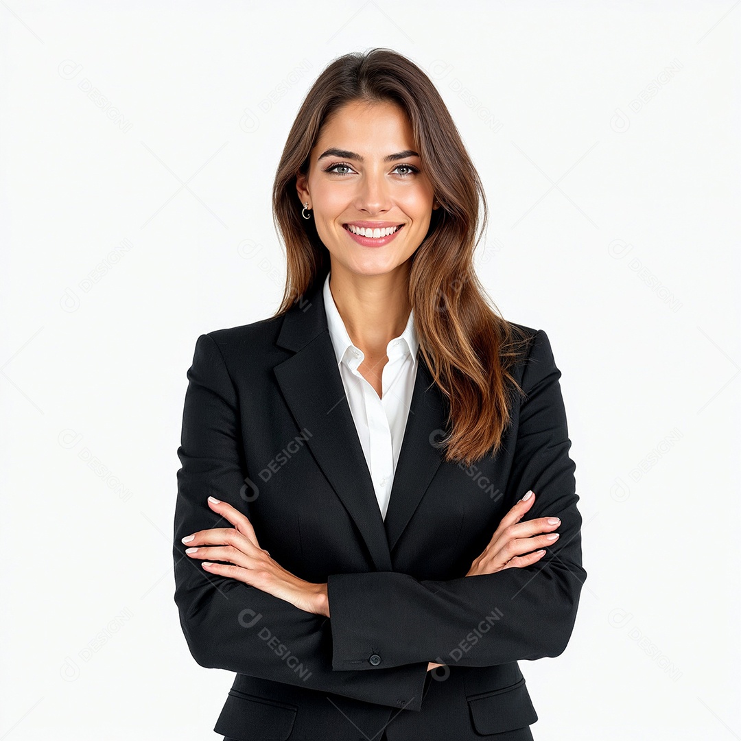 Um retrato de uma empresária feliz com os braços cruzados em fundo branco