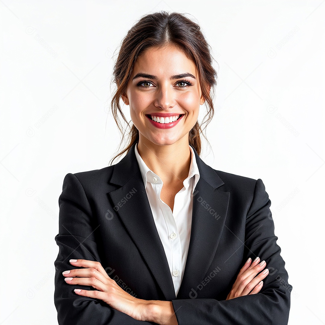 Um retrato de uma empresária feliz com os braços cruzados em fundo branco