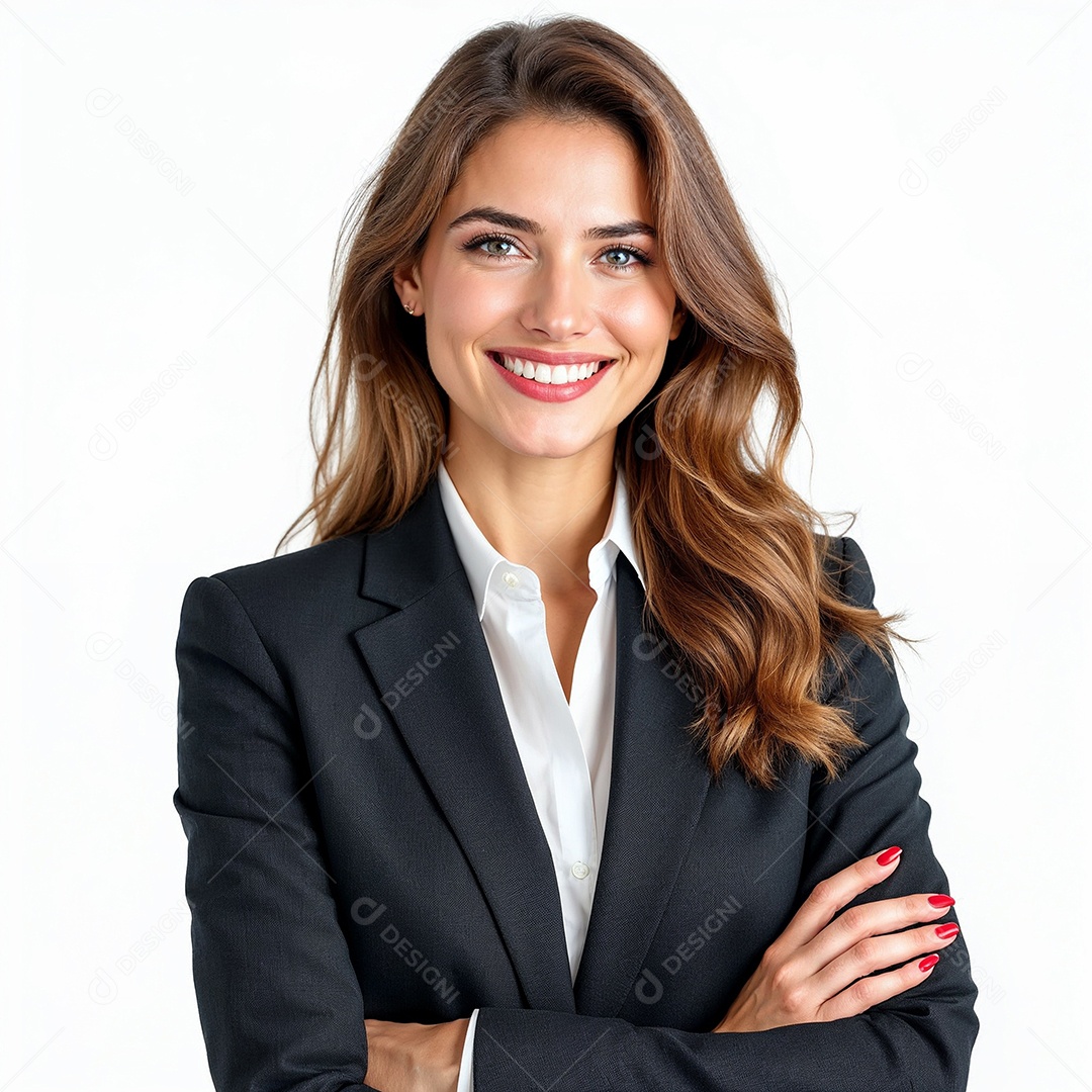 Um retrato de uma empresária feliz com os braços cruzados em fundo branco