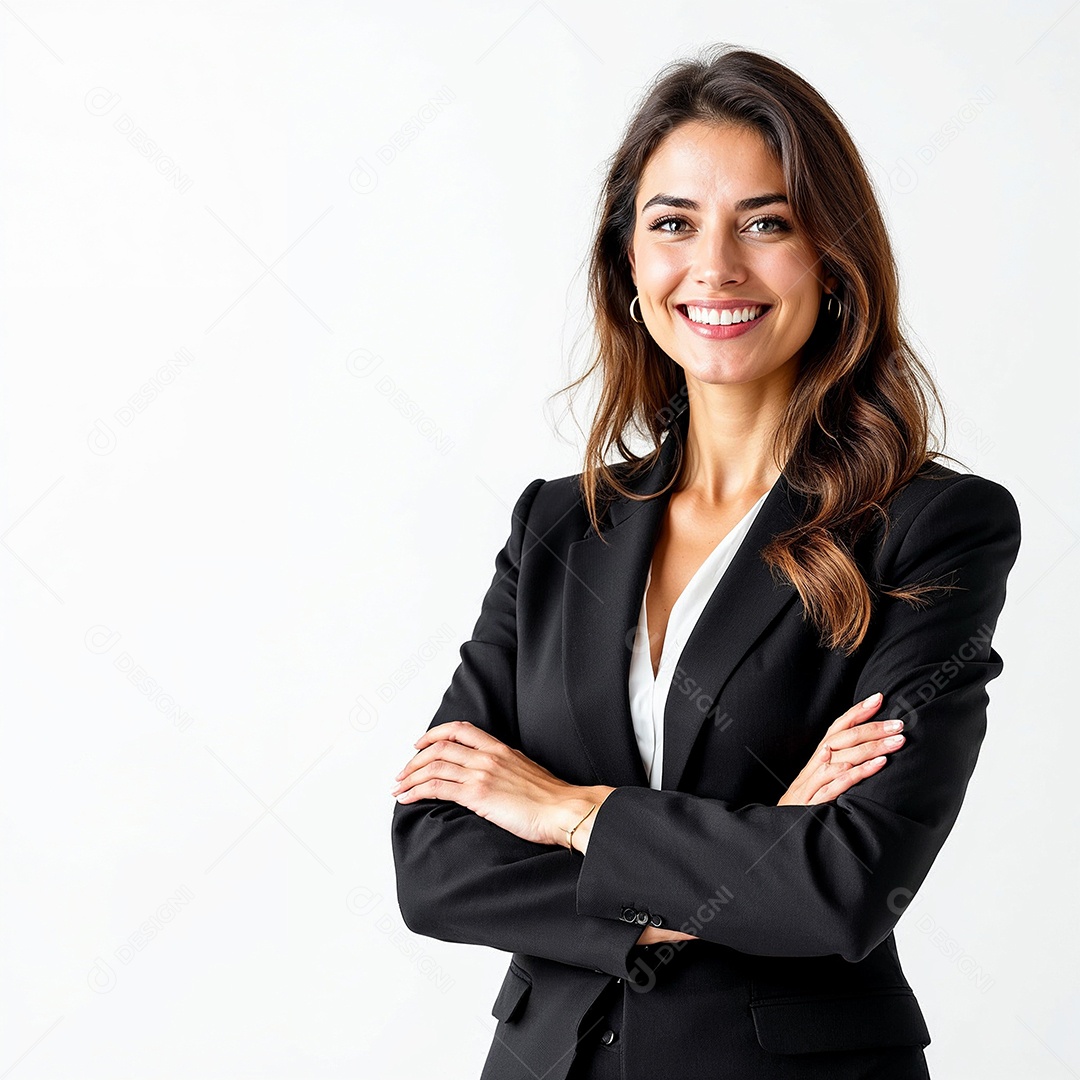 Um retrato de uma empresária feliz com os braços cruzados em fundo branco