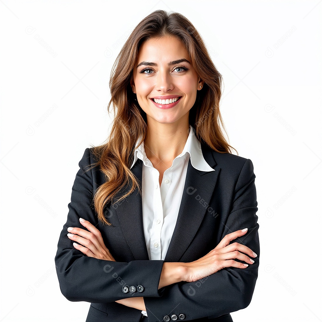 Um retrato de uma empresária feliz com os braços cruzados em fundo branco