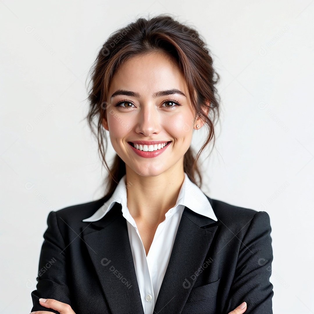 Um retrato de uma empresária feliz com os braços cruzados em fundo branco