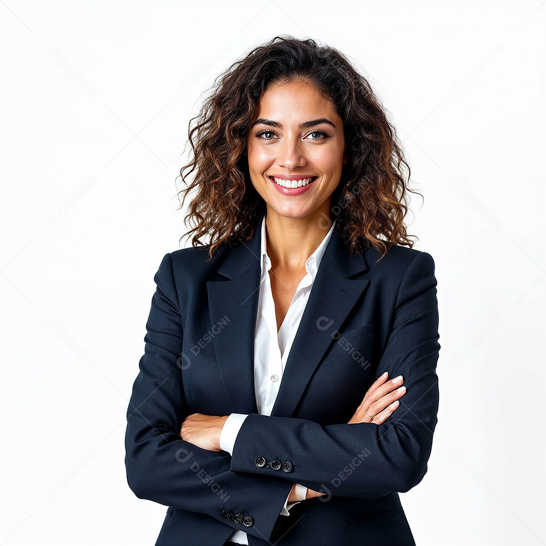 Um retrato de uma empresária feliz com os braços cruzados em fundo branco