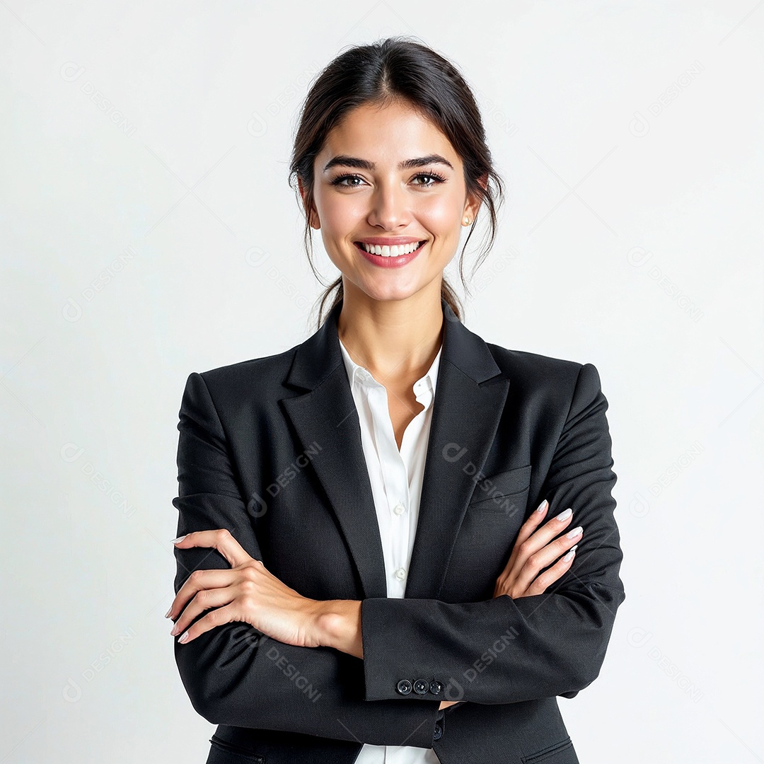 Um retrato de uma empresária feliz com os braços cruzados em fundo branco