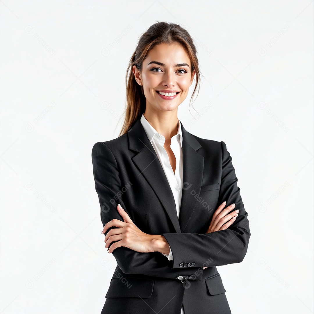 Um retrato de uma empresária feliz com os braços cruzados em fundo branco