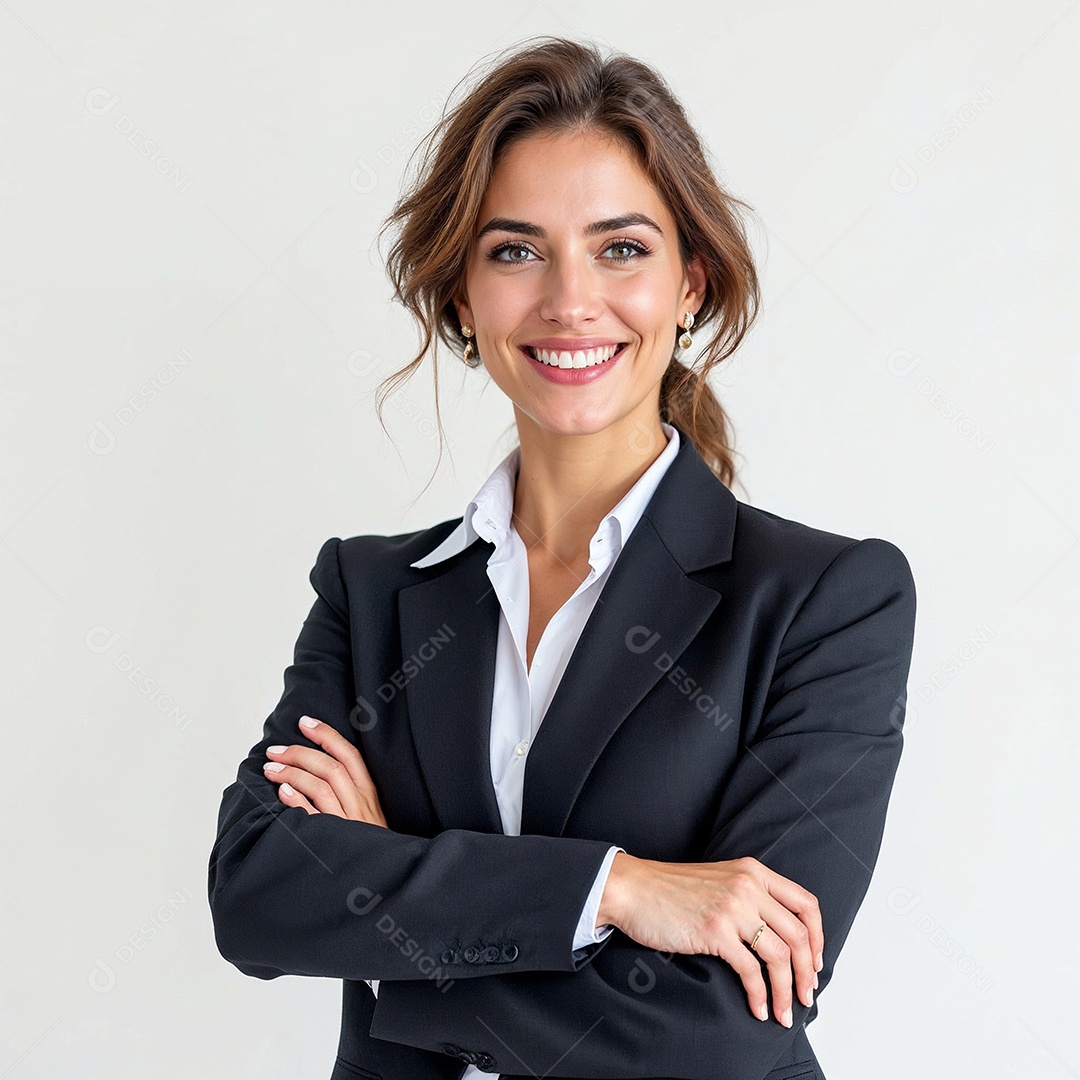 Um retrato de uma empresária feliz com os braços cruzados em fundo branco