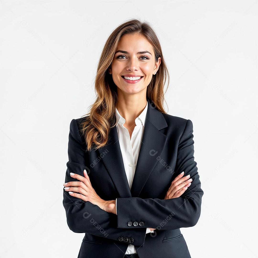 Um retrato de uma empresária feliz com os braços cruzados em fundo branco