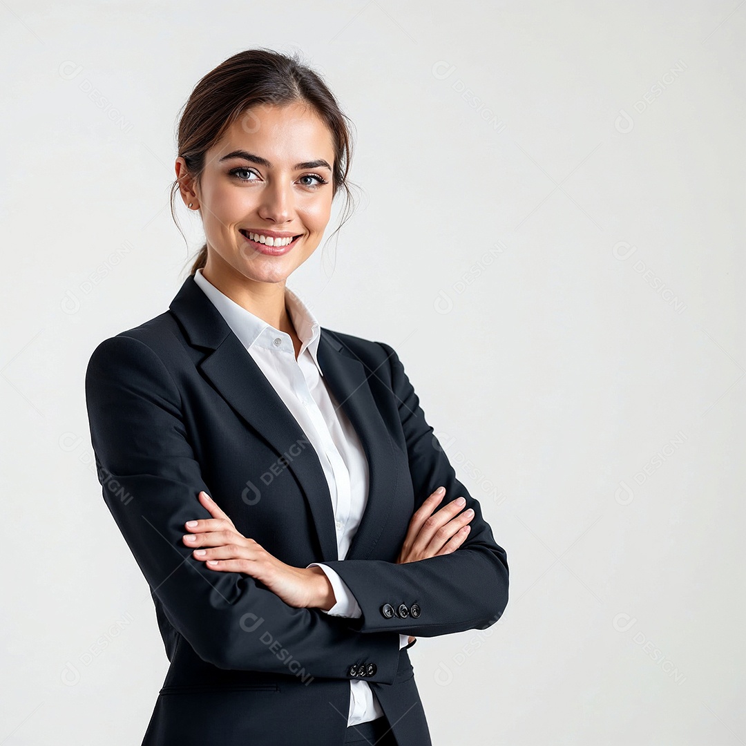 Um retrato de uma empresária feliz com os braços cruzados em fundo branco
