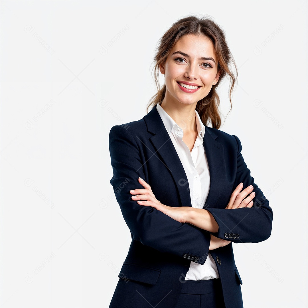 Um retrato de uma empresária feliz com os braços cruzados em fundo branco