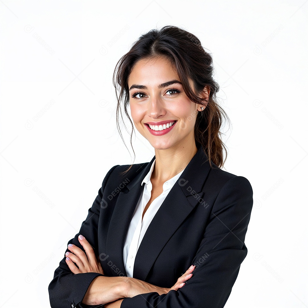 Um retrato de uma empresária feliz com os braços cruzados em fundo branco