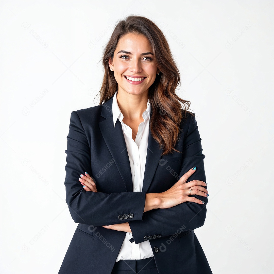Um retrato de uma empresária feliz com os braços cruzados em fundo branco