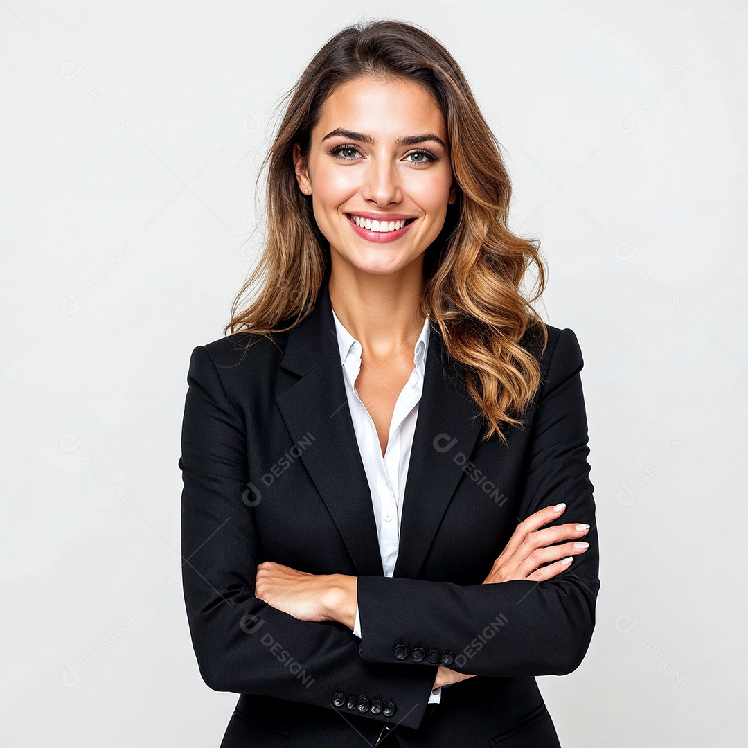 Um retrato de uma empresária feliz com os braços cruzados em fundo branco