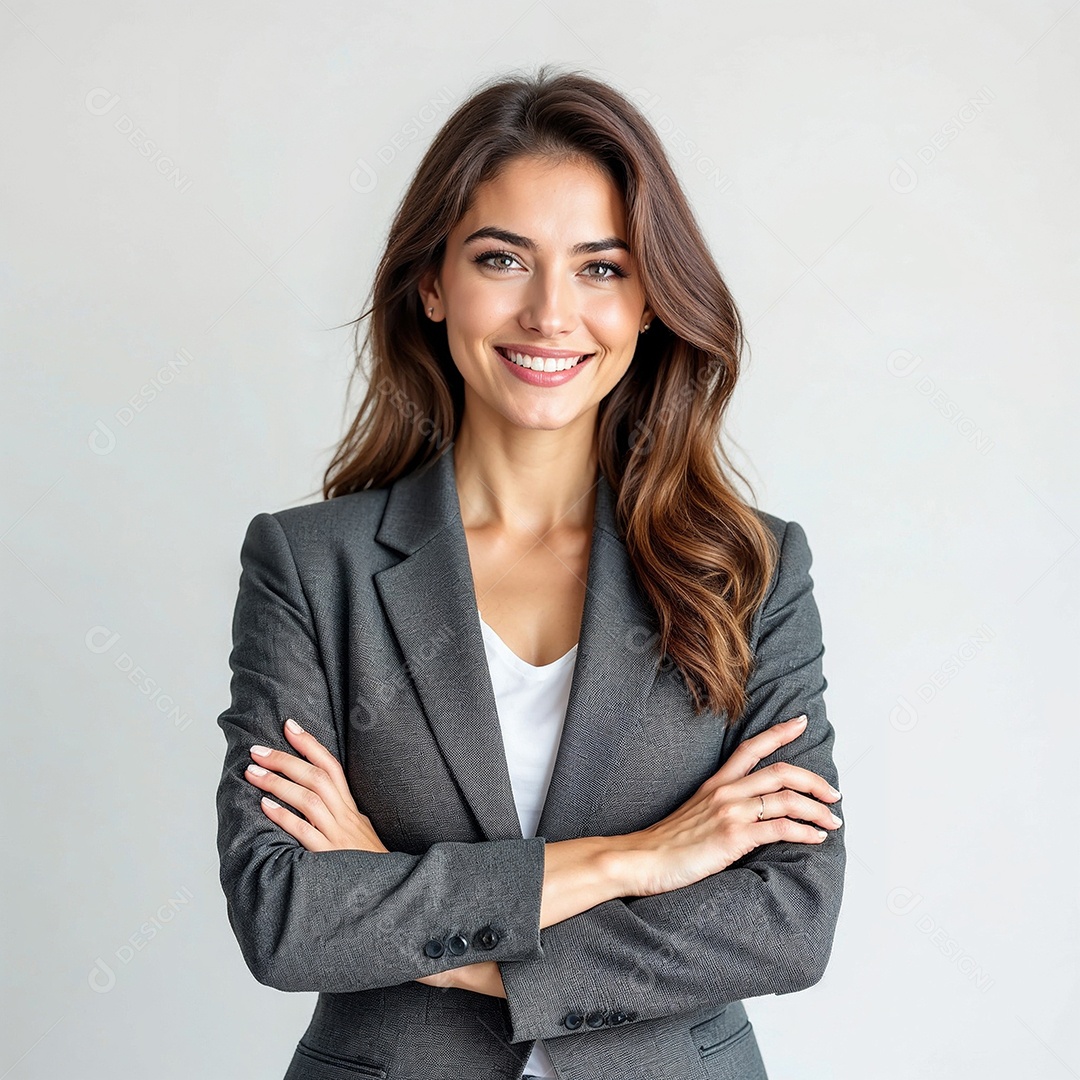 Um retrato de uma empresária feliz com os braços cruzados em fundo branco