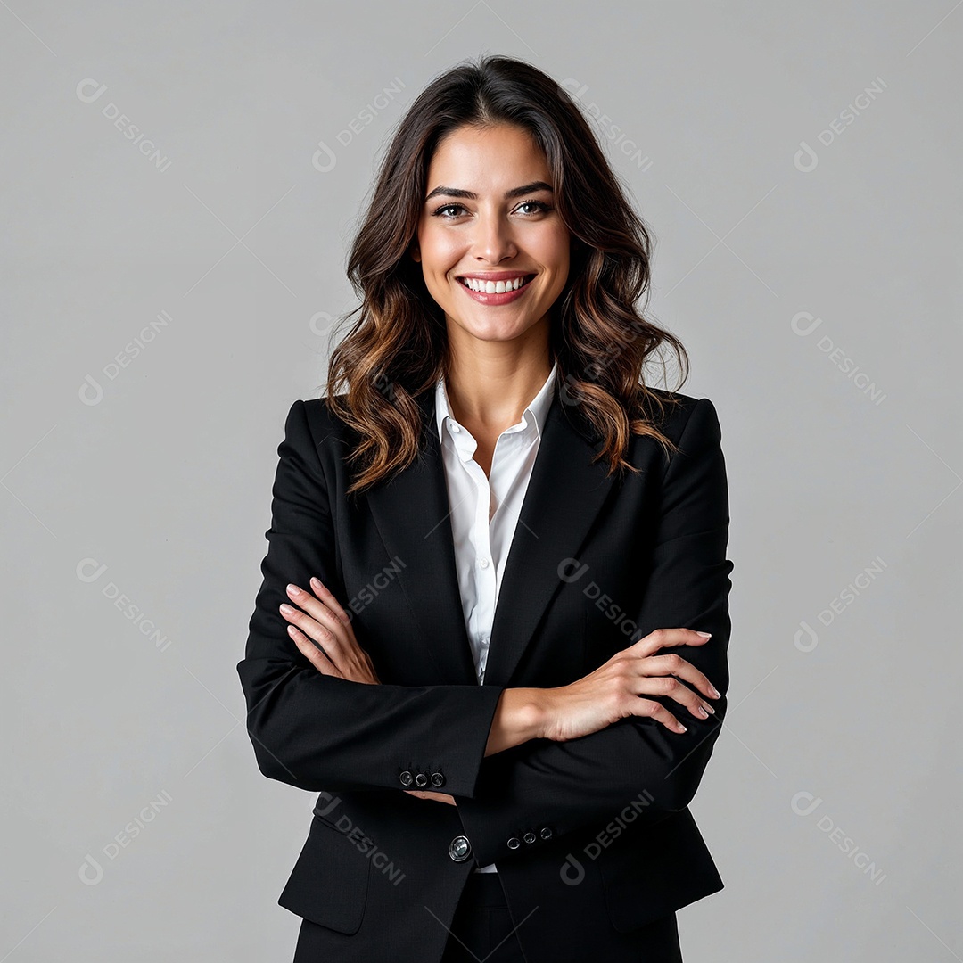 Um retrato de uma empresária feliz com os braços cruzados em fundo branco