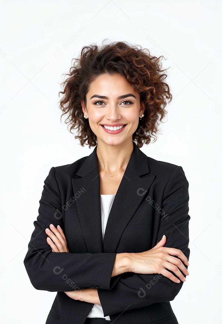 Um retrato de uma empresária feliz com os braços cruzados em fundo branco