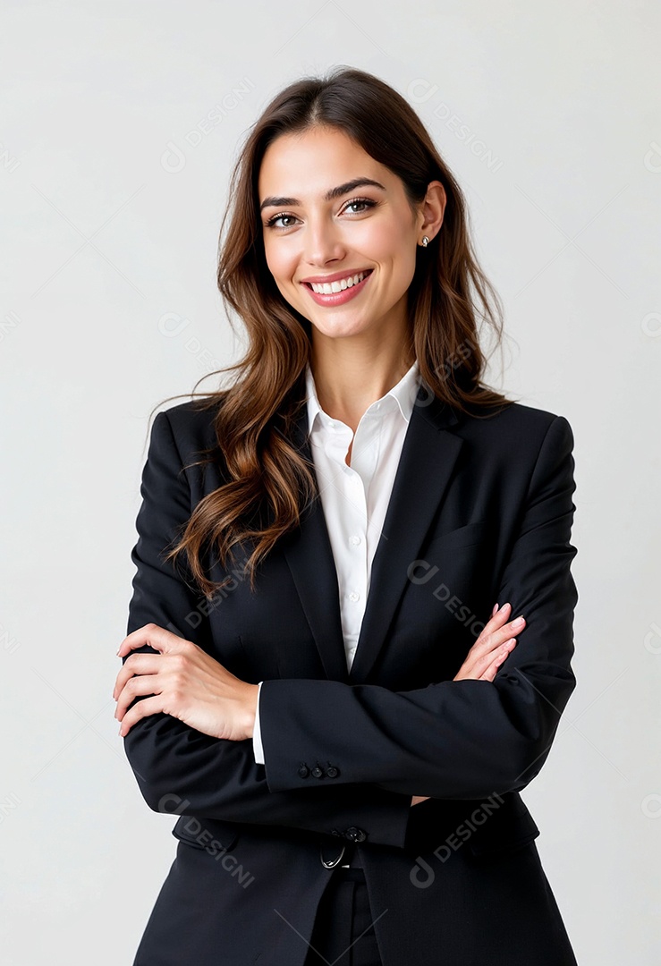 Um retrato de uma empresária feliz com os braços cruzados em fundo branco