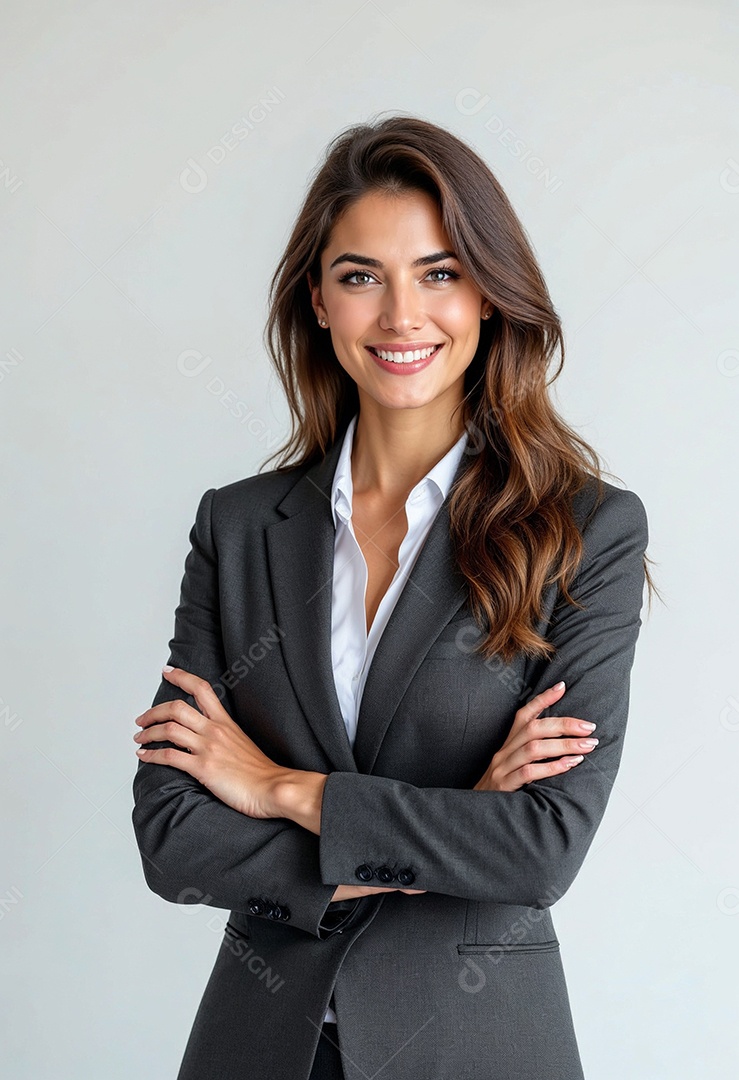 Um retrato de uma empresária feliz com os braços cruzados em fundo branco