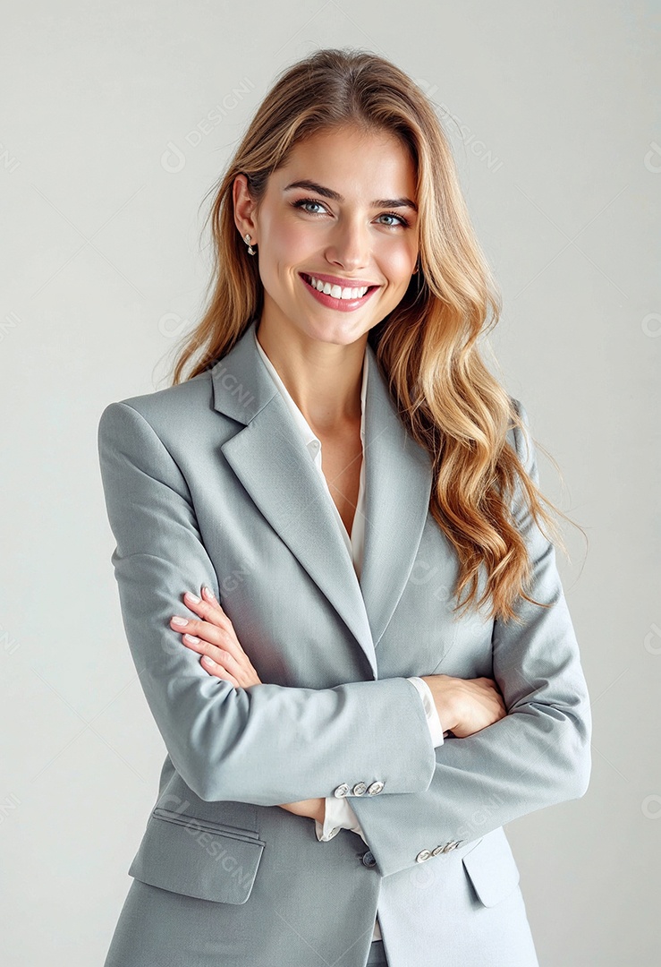 Um retrato de uma empresária feliz com os braços cruzados em fundo branco