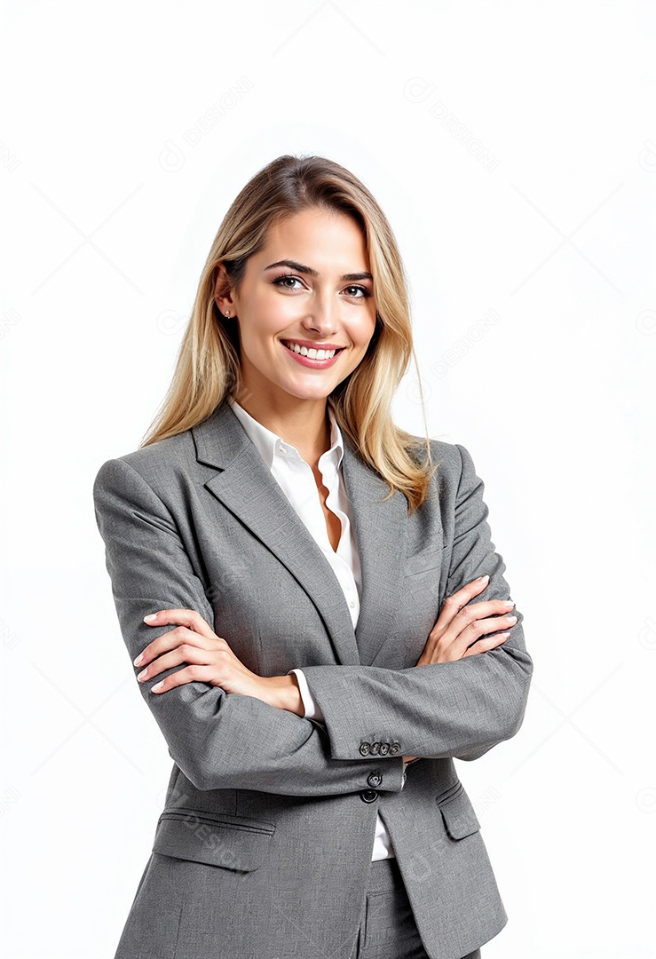 Um retrato de uma empresária feliz com os braços cruzados em fundo branco