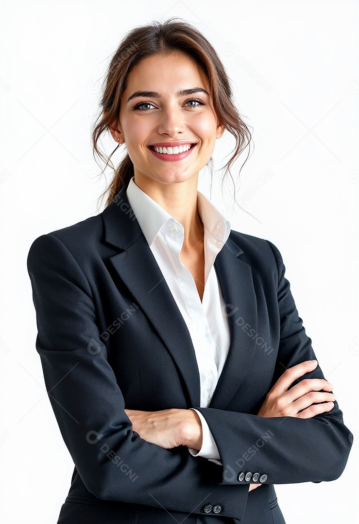 Um retrato de uma empresária feliz com os braços cruzados em fundo branco