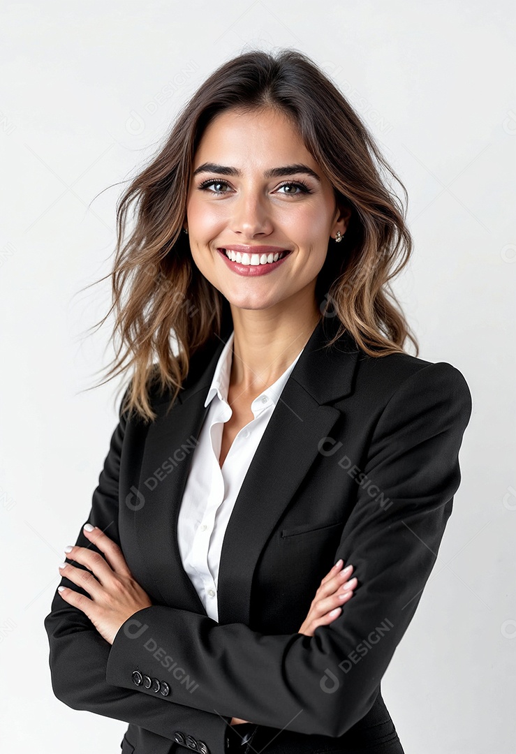 Um retrato de uma empresária feliz com os braços cruzados em fundo branco