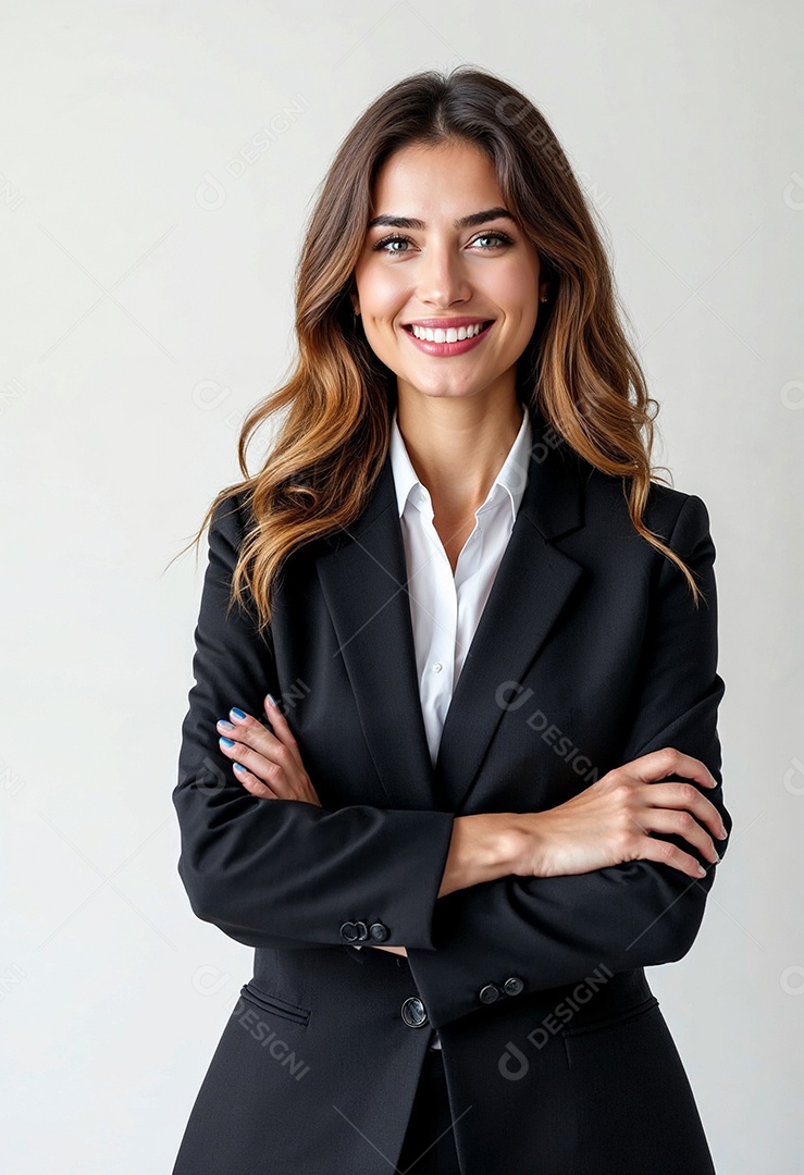 Um retrato de uma empresária feliz com os braços cruzados em fundo branco