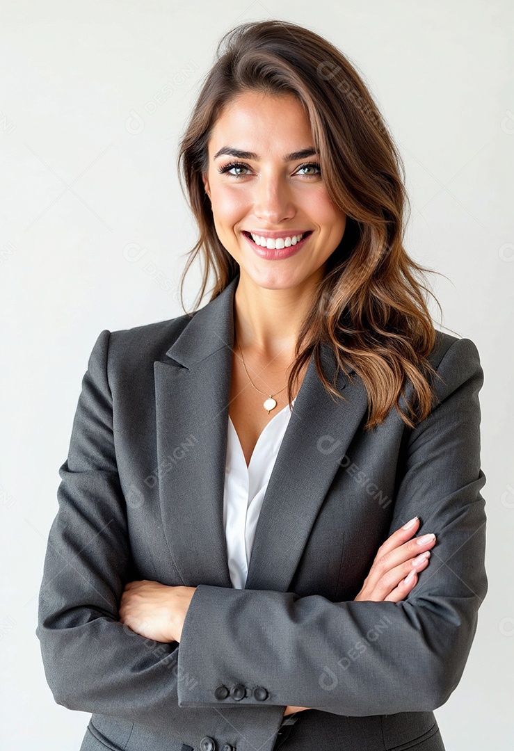 Um retrato de uma empresária feliz com os braços cruzados em fundo branco