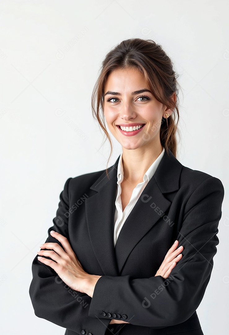 Um retrato de uma empresária feliz com os braços cruzados em fundo branco