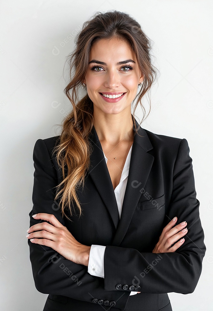 Um retrato de uma empresária feliz com os braços cruzados em fundo branco