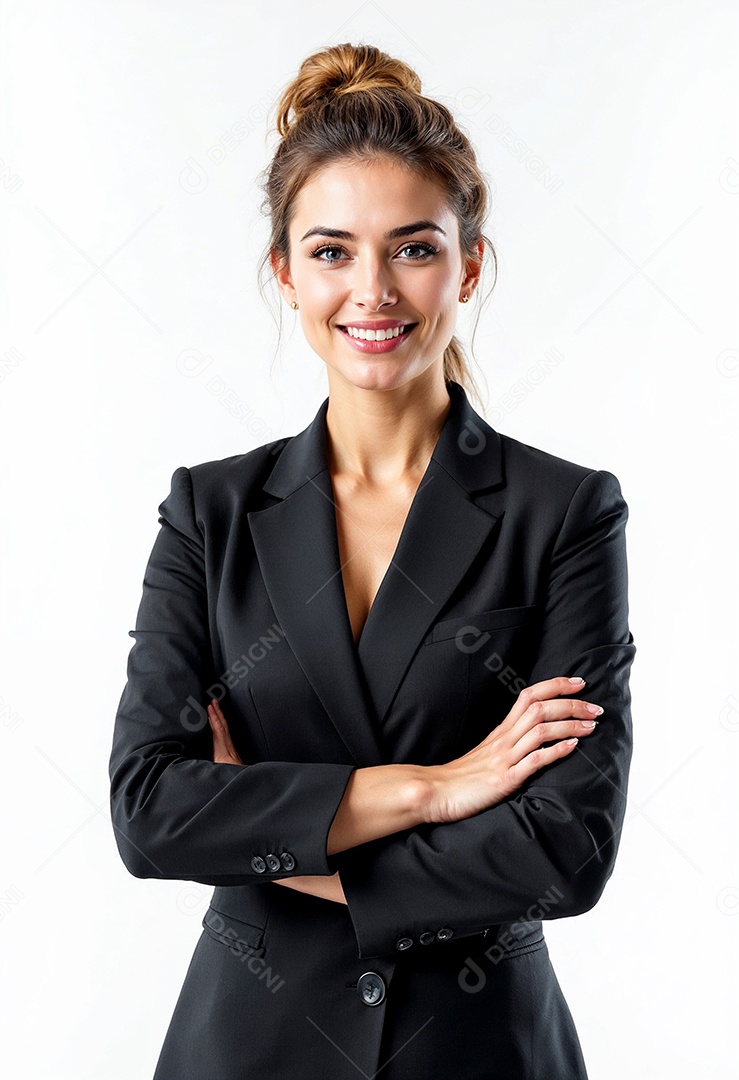 Um retrato de uma empresária feliz com os braços cruzados em fundo branco