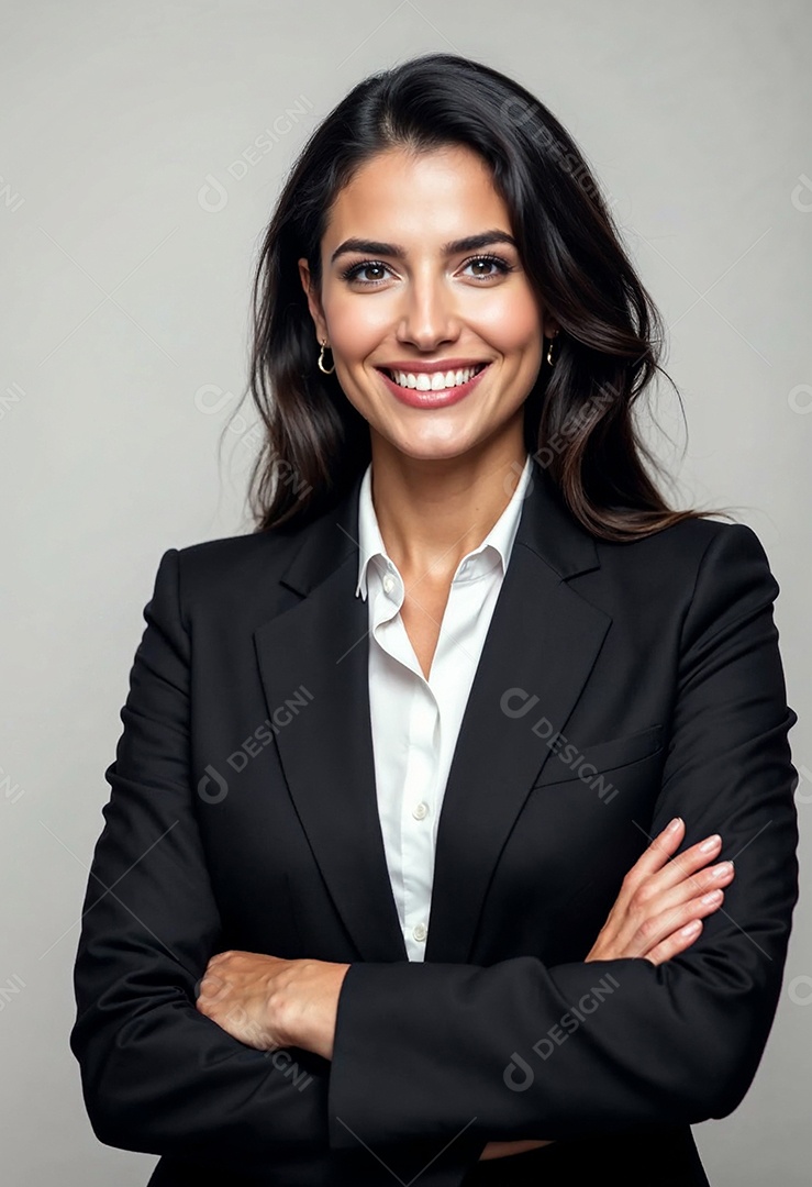 Um retrato de uma empresária feliz com os braços cruzados em fundo branco